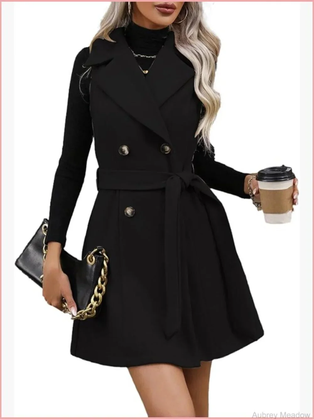 Wool Long Vest Sleeveless Blazer Double Breasted Trench Coat with Belt Fall